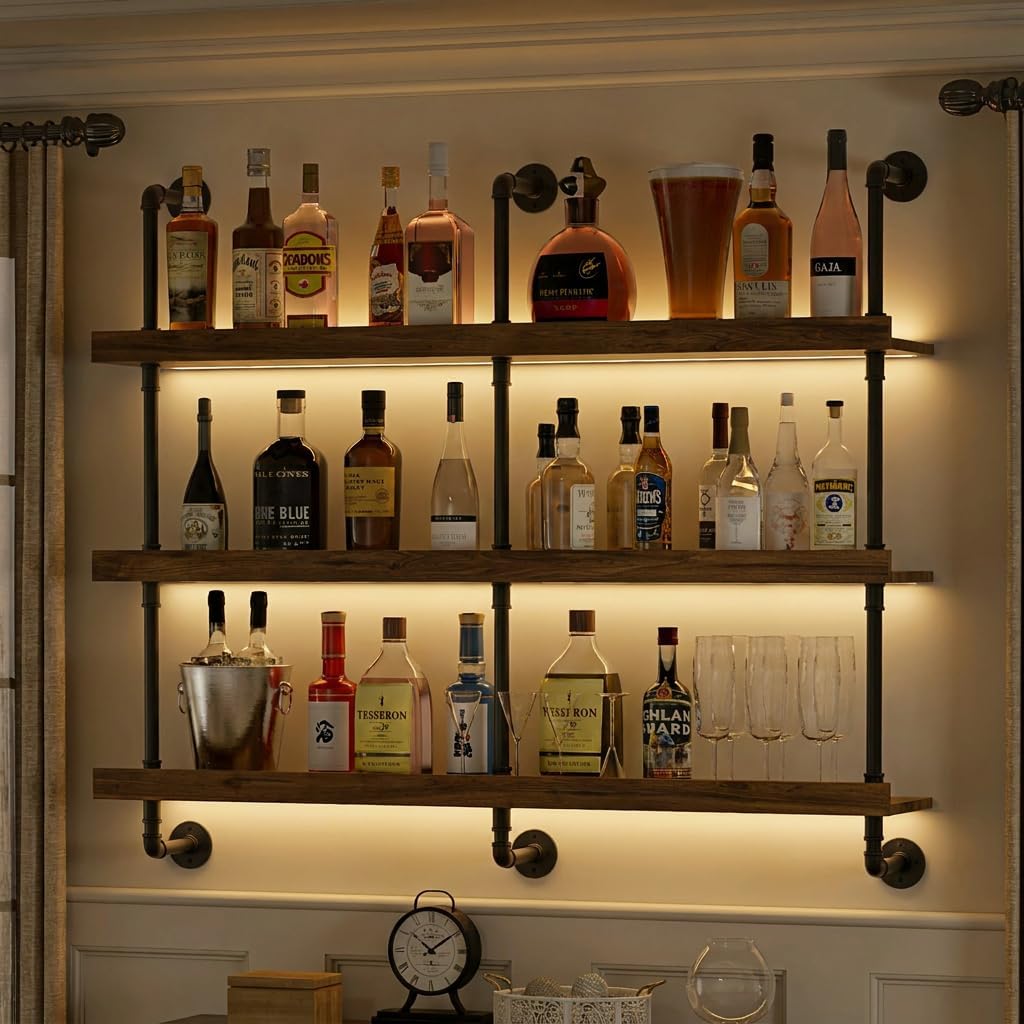 Home Bar Stand - Wandmontiertes Weinregal mit LED-Beleuchtung, dreistufiges schwebendes